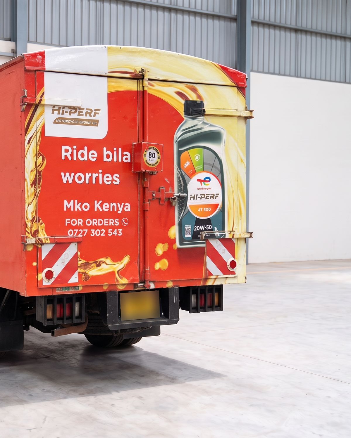 Generated image: the rear doors of a red delivery truck in MKO colours, printed with "FOR ORDERS 0727 302 543".