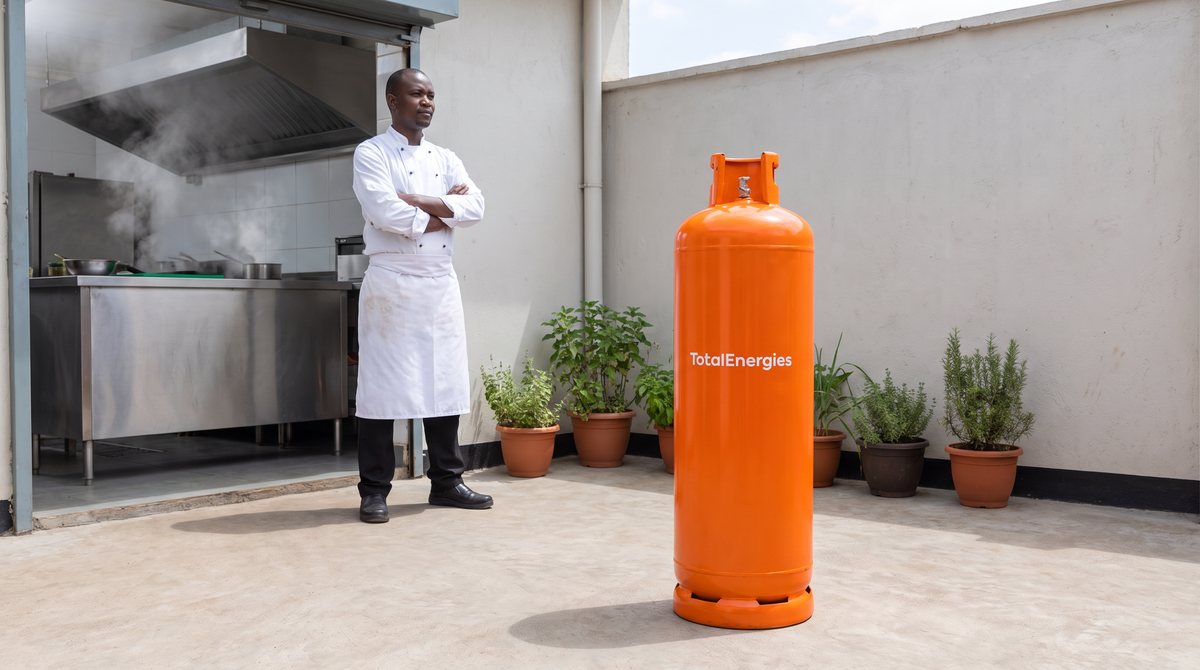 Generated image: an orange TotalEnergies 50 kg LPG cylinder standing upright and unconnected in an open-air restaurant yard, with a chef standing nearby.