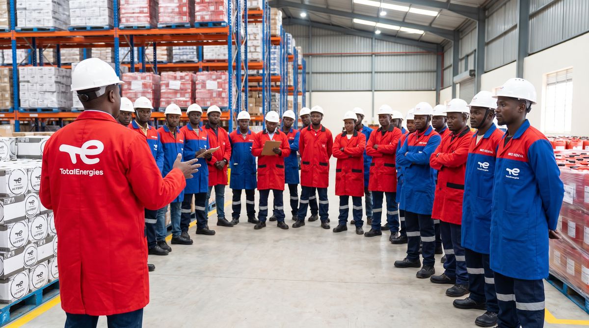 Generated image: a group of workers in red and blue work coats gathered indoors for a morning briefing.