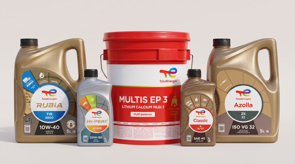 Generated image of five TotalEnergies products side by side: a 5 litre RUBIA TIR 8800 10W-40, a 1 litre Hi-Perf 4T 500 20W-50, a Multis EP 3 grease pail, a 1 litre Classic 5 SL-CF SAE 40 and a 5 litre Azolla ZS 32.